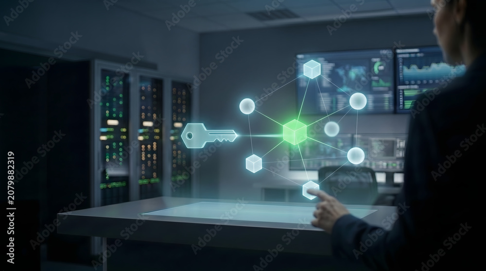 Fototapeta premium Futuristic access control interface with holographic key and permission network in IT server room