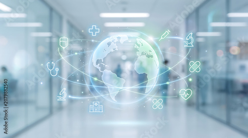 Integrated healthcare system hologram showing digital hospital network and medical service connectivity ecosystem