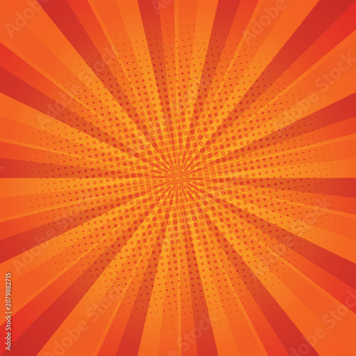 Red and orange pop art sunburst comic background with halftone dots