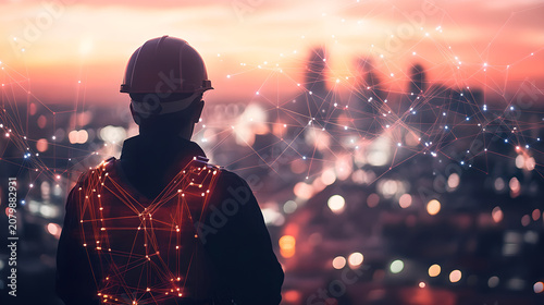 Construction worker looking at a digital smart city skyline at sunset with network connectivity and data overlay