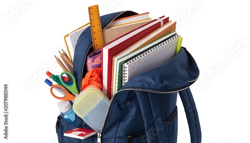 Overstuffed blue backpack with school supplies