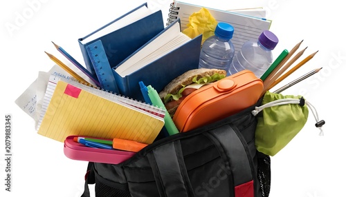 Overflowing School Backpack with Stationery and Books