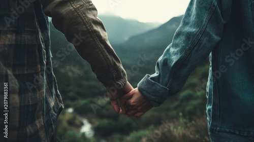 Couple hold hands in mountains nature. Friends or lovers holding hands while walking outdoors.