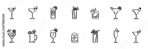 Cocktail Glass Icon Set of Black and White Line Drawings with Drink Symbols for Bar Menu Design Featuring Icons, Drinks, Beverage