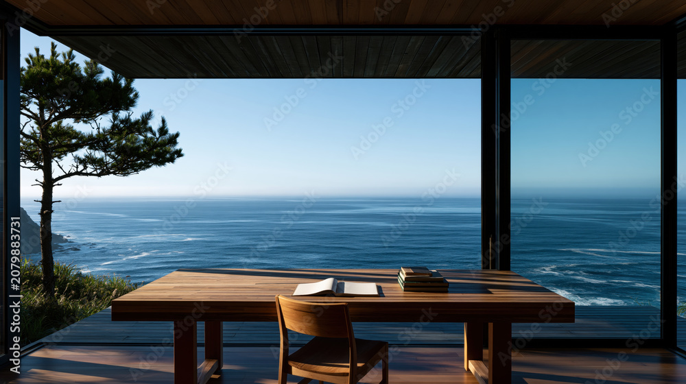 Fototapeta premium Wooden desk facing ocean seaside interior panoramic window modern house calm sea coastal view open book chair wooden floor natural light ocean horizon indoor landscape luxury home minimalist room