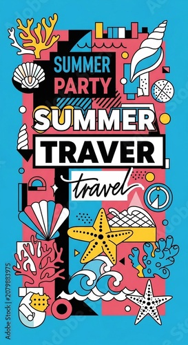 Vibrant Summer Travel Art: Beach Party Vibes, Coral, Shells, Starfish, Bold Colors