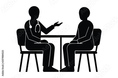 Doctor talking to patient sitting at desk vector icon illustration