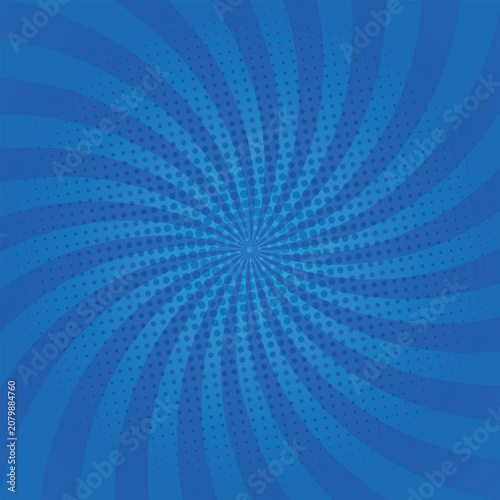 Blue comic book spiral swirl background with radial halftone pattern