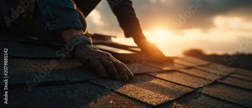 Roofers hands working on a roof during sunset