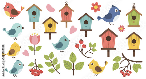Canvas-taulu Cute cartoon birds and birdhouses in various colors and designs.