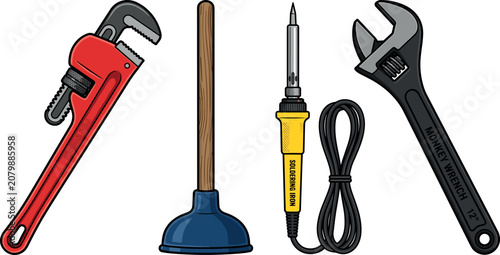 Photography Plumbing and Repair Hand Tools Vector Set with Red Pipe Wrench Plunger Soldering