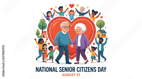 Elderly couple celebrates National Senior Citizens Day with joyful diverse people around a heart