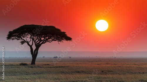 Silhouette of acacia tree against vibrant sunrise sky in african savanna