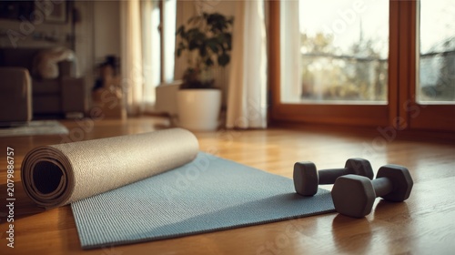 Yoga mat and dumbbells on the floor
