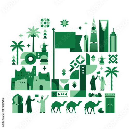 Fotografie A flat vector illustration featuring green monochromatic symbols of saudi arabia