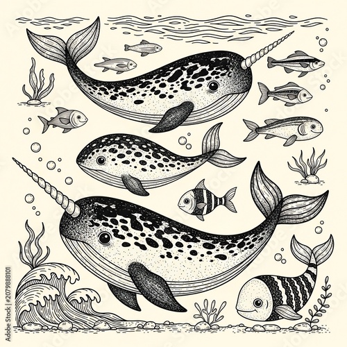 Whimsical Narwhal Family & Friends Underwater: Hand-Drawn Charm in Sepia Tones