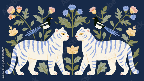Modern pastel symmetrical vector pattern illustration of white tigers, magpies, and floral elements in traditional Korean Minhwa fusion style