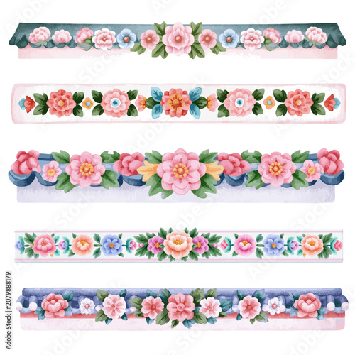 Pastel watercolor modern traditional Korean Giwa roof and Minhwa floral seamless border washi tape vector set