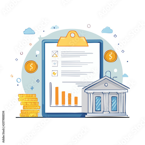 Financial report with clipboard, bank, and coins vector illustration