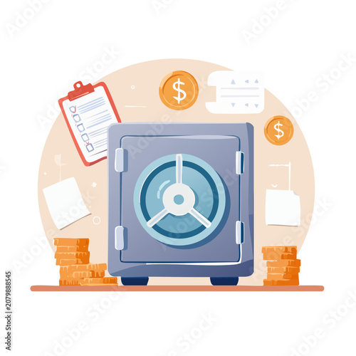 Flat illustration of a safe vault with money and documents