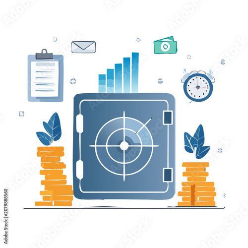 Flat illustration of safe with financial and business symbols