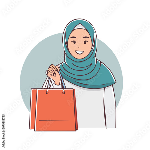 Woman in hijab holding shopping bag flat vector illustration