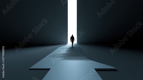 Minimalist 3D render with single male figure walking upward arrow-shaped light blue gray path, dark gray space leading to bright vertical white slit light source, high contrast scene symbolizing progr