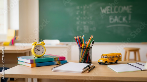 Foto Yellow alarm clock on books, colorful pencils, open notebooks, and a toy school bus sit on a classroom desk with a welcoming chalkboard background