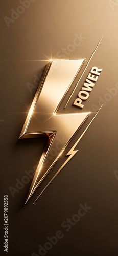 Glowing Gold 3D Lightning Bolt Dark Bronze Starbursts Text POWER Explosive Energy Dynamic Impact