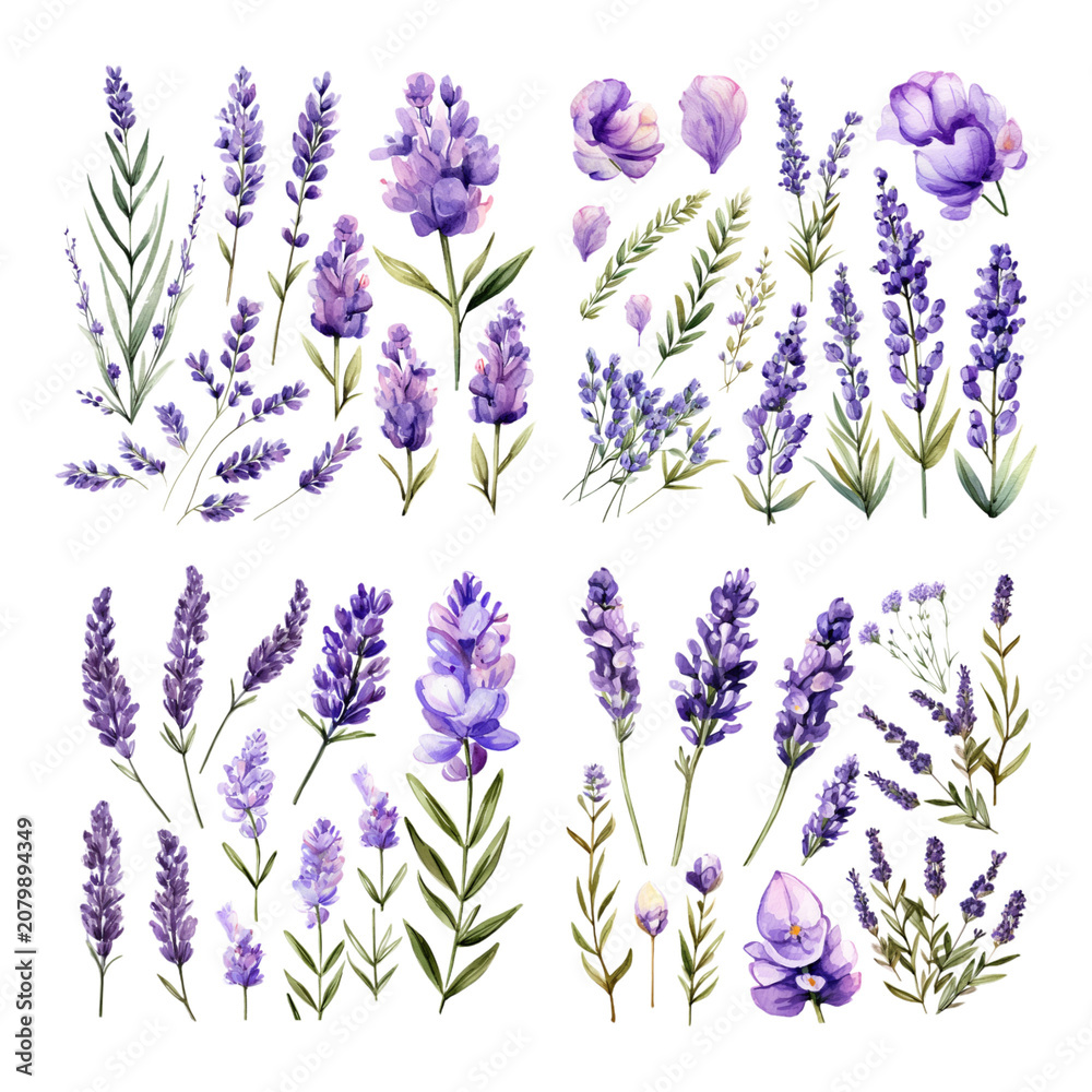 Fototapeta premium Watercolor Lavender Flower Set with Purple Floral Sprigs and Botanical Elements on White Background