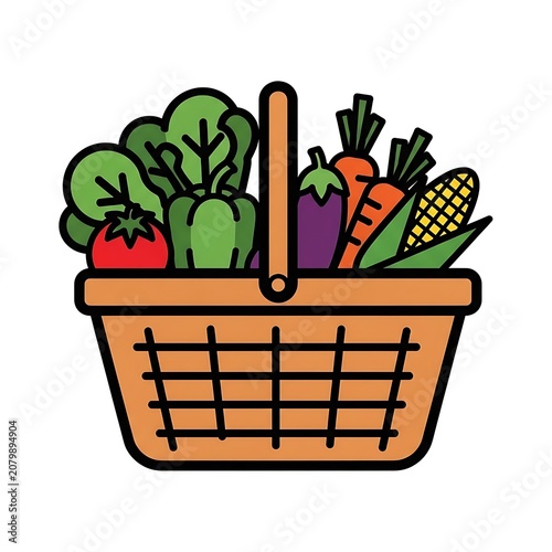 Colorful vegetable basket with fresh produce and gardening tools.