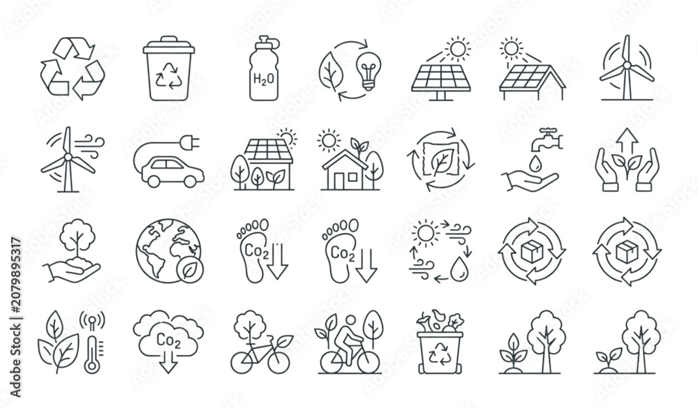 Fototapeta premium Ecology Line Icon Set with Plastic Recycling Green Energy and Sustainability Symbols