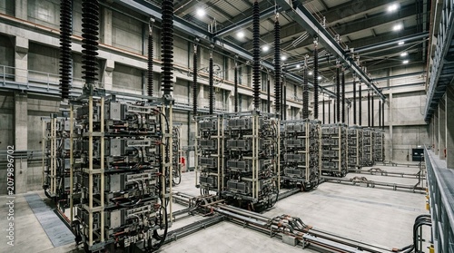 HVDC high voltage direct current converter valve hall thyristor valve modules suspended on fibreglass insulator strings convertor hall interior