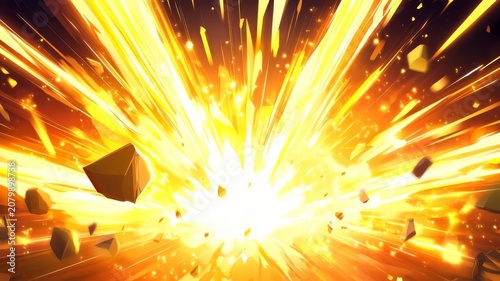 Dynamic anime style explosive energy blast with flying debris fragments explosive golden light effect with motion lines and flying debris.