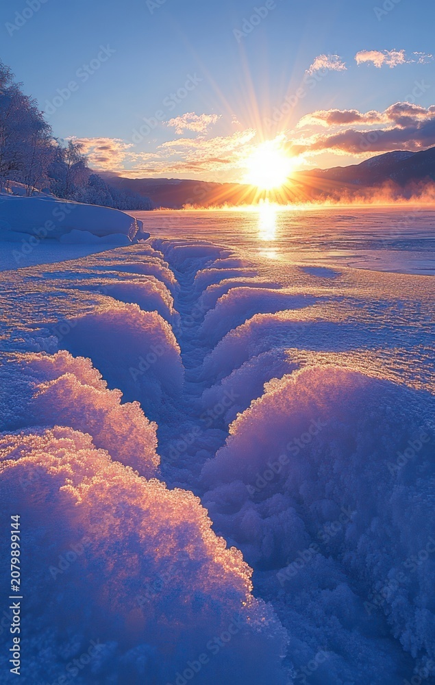 Fototapeta premium Sunrise over a frozen lake with a radiant sunburst reflecting on misty water, snow-covered banks and a deep snowy fissure leading toward distant mountains, serene and crisp winter morning