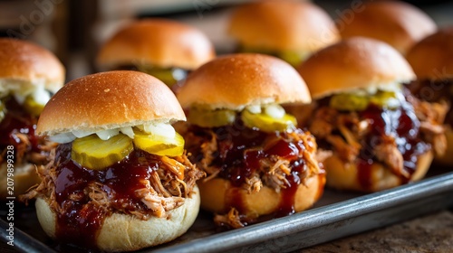 Close-up of mini pulled pork burgers with barbecue sauce and pickles on a metal platter