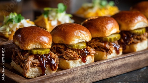 Assorted party appetizers featuring pulled pork sliders and tacos on a rustic wooden board
