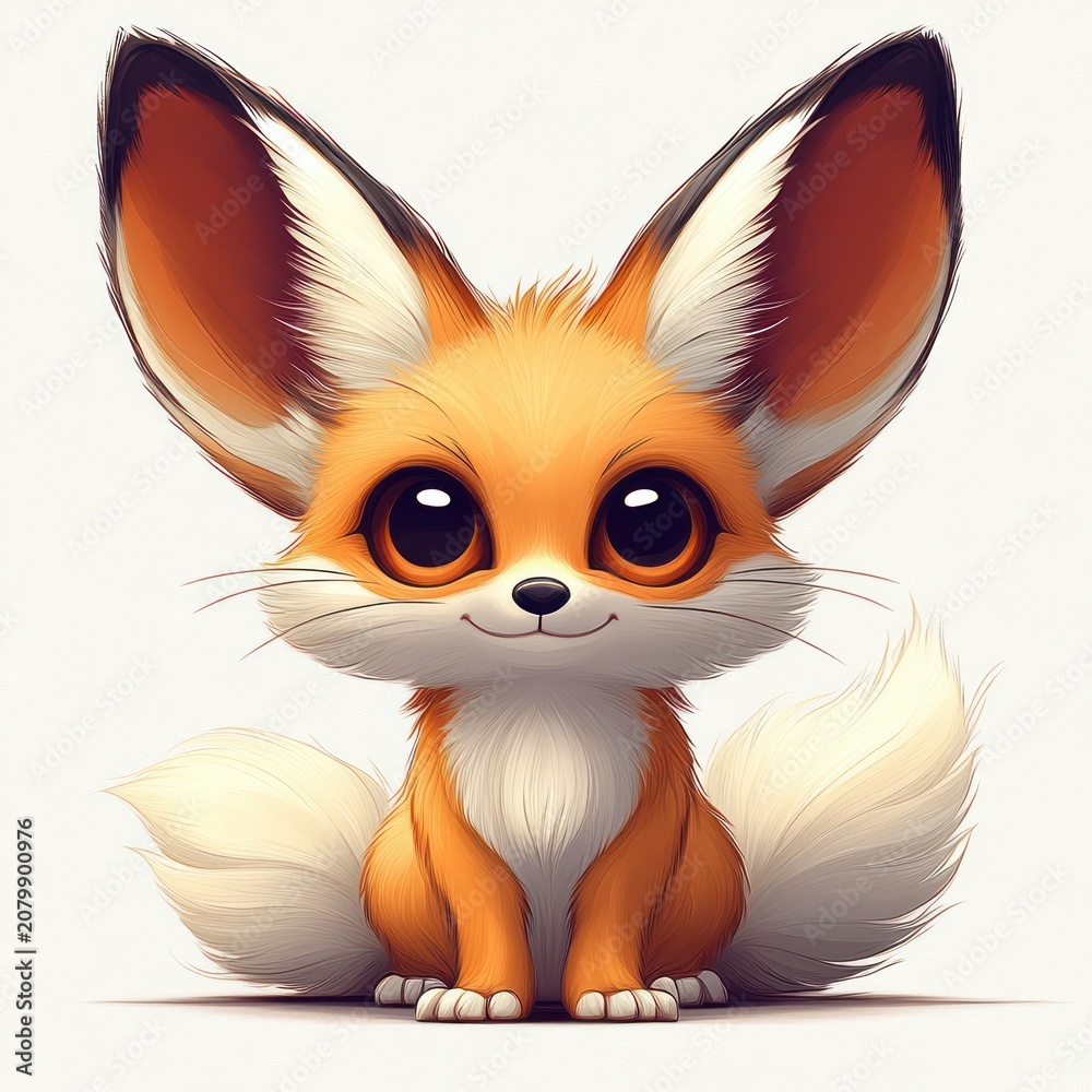 Fototapeta premium adorable small orange fox with oversized ears and fluffy tail sitting shyly, tiny paws and soft fur, face obscured by a square blur conveying playful curiosity and innocence