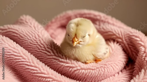 Adorable tiny yellow baby chick nestled in a soft pink blanket, looking cozy and curious