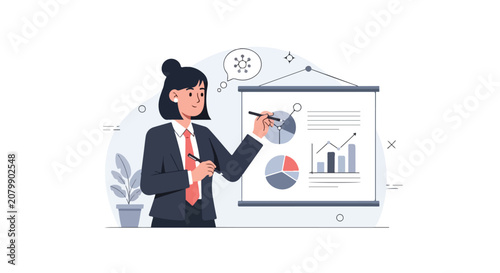 Photos A professional woman in a suit points to a presentation board featuring various data charts and graphs to explain business growth strategies