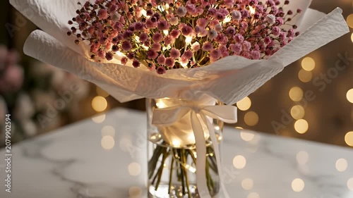 An intimate close-up of a purple and pink flower bouquet tied with a white ribbon on a marble surface with warm bokeh lights in the background