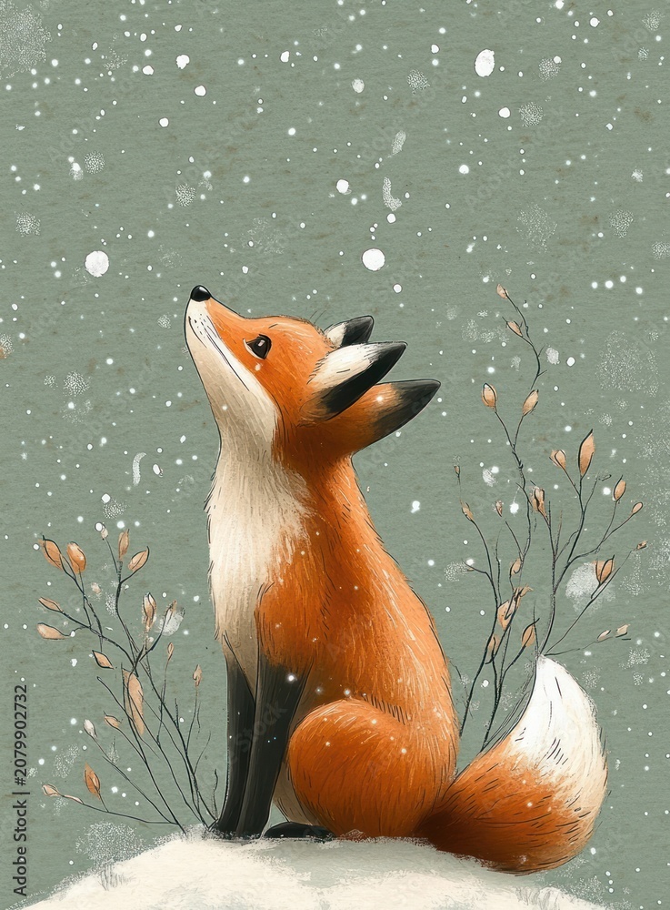 Fototapeta premium Curious red fox sitting on a snowy mound amid delicate winter twigs and buds, gazing up at falling snow against a muted green sky with serene, hopeful wonder