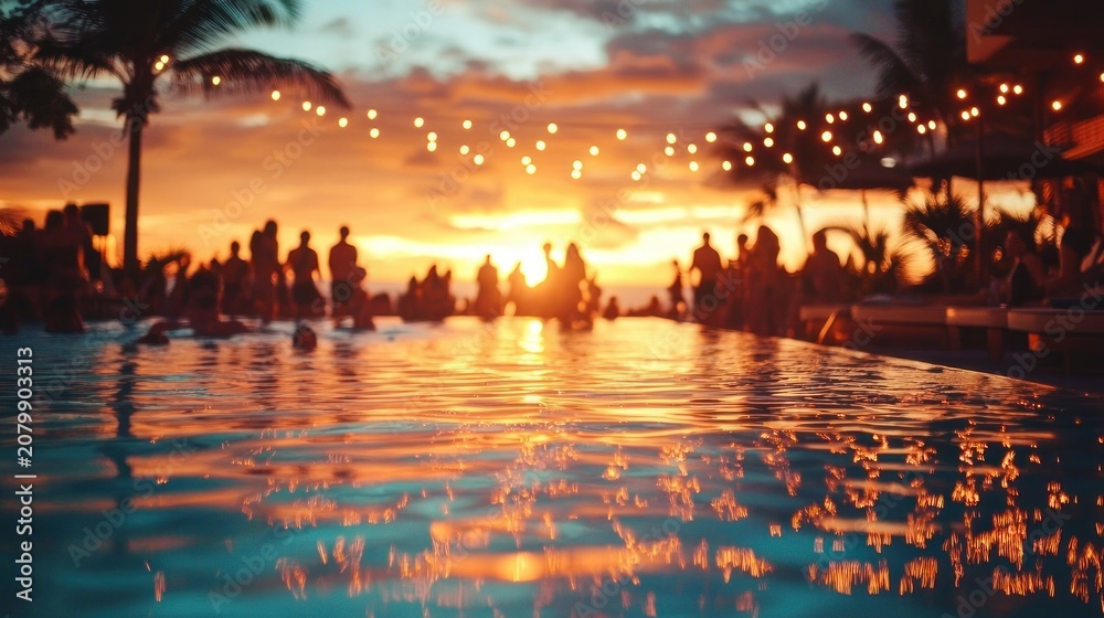 Fototapeta premium silhouetted crowd enjoying a festive tropical poolside sunset with string lights, palm trees and warm golden reflections