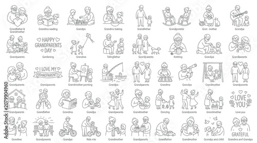 Slika na platnu Collection of line drawings depicting grandparents and grandchildren in various heartwarming activities and moments