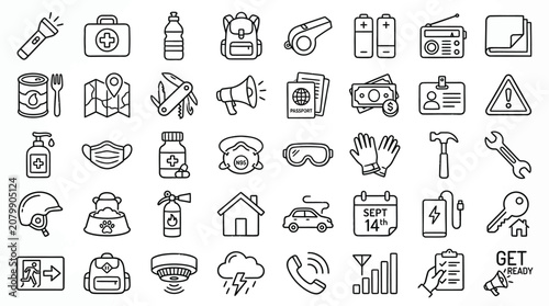 Collection of emergency preparedness and survival kit icons for disaster readiness and safety planning.