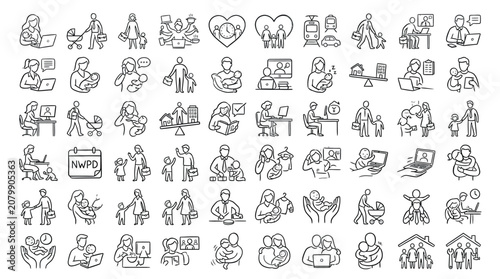Collection of hand-drawn icons representing family, work, and lifestyle balance.