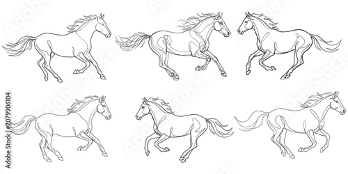 Set of continuous line drawing illustrations of horses.