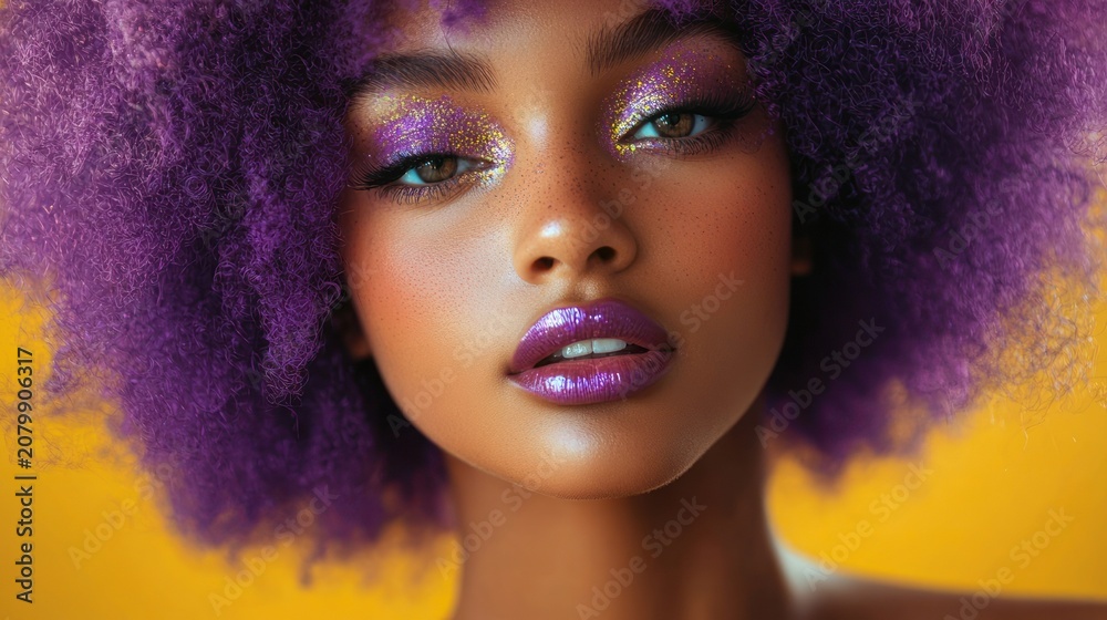 Fototapeta premium Close-up portrait of a woman with a voluminous purple afro, glittering gold and purple eye makeup, glossy purple lips and a confident sultry gaze against a vibrant yellow background