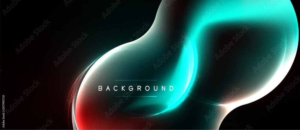 Naklejka premium Abstract neon lines create flowing shapes. Dark background emphasizes vibrant turquoise, red glow. Modern design element.