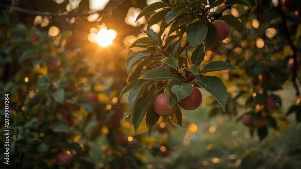 Fototapeta premium Ripe apple orchard sunlit harvest warm twilight